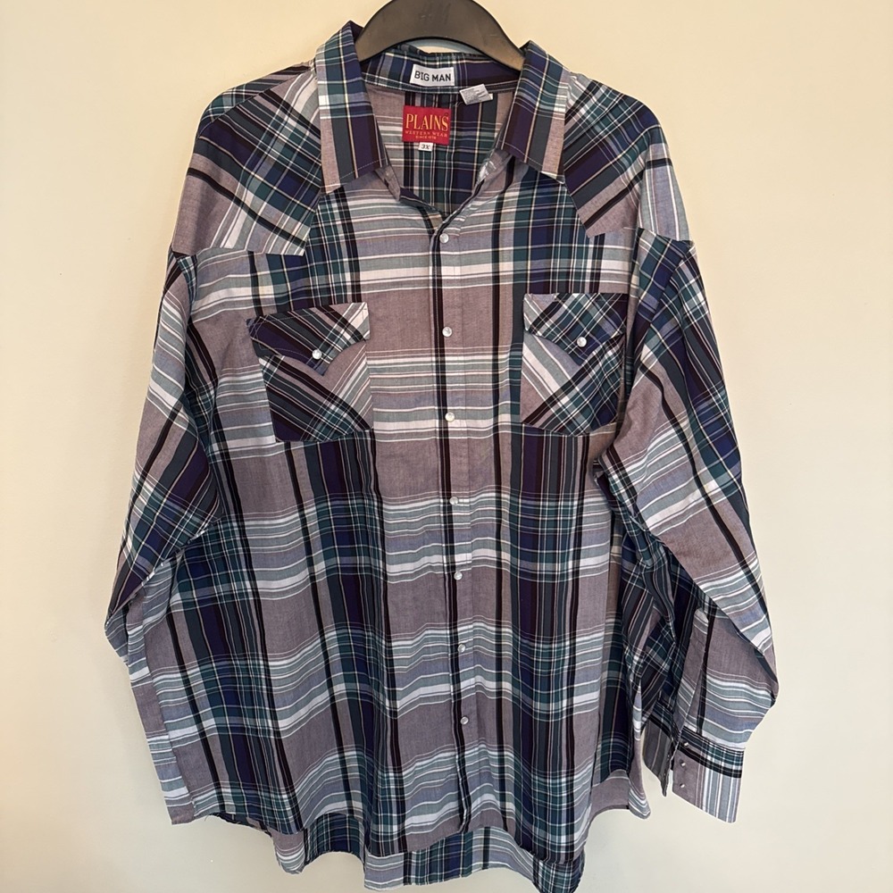 Plains Western Wear Blue Plaid Snap Shirt Mens 3X Cowboy Pearl Snap